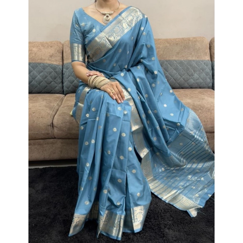 Women's Satin Printed Saree With Unstitched Blouse 5.5Mtr?(light Blue) - Image 3