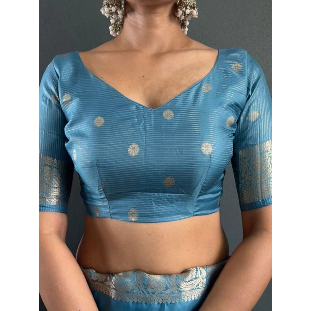 Women's Satin Printed Saree With Unstitched Blouse 5.5Mtr?(light Blue) - Image 4
