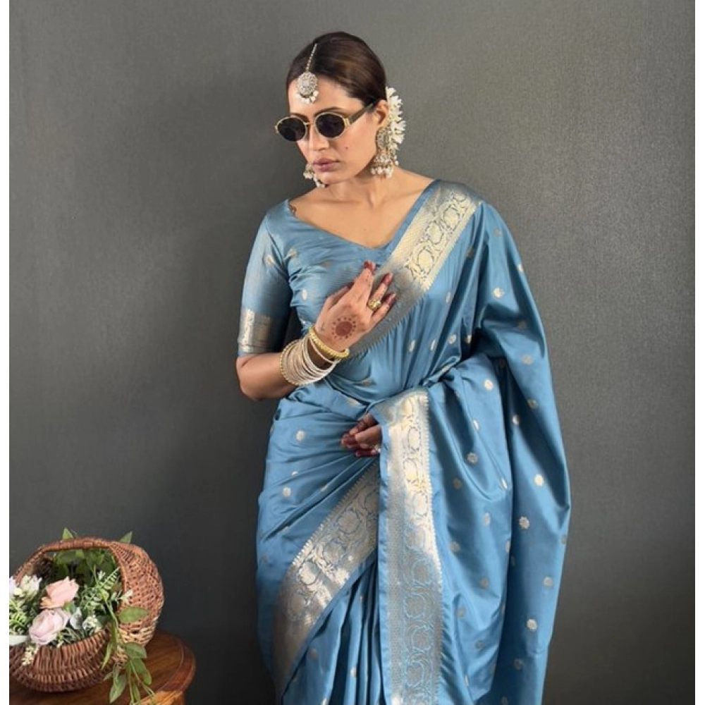 Women's Satin Printed Saree With Unstitched Blouse 5.5Mtr?(light Blue) - Image 5