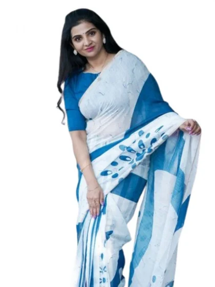 Women's Linen Printed Saree With Unstitched Blouse 5.5Mtr?(White)