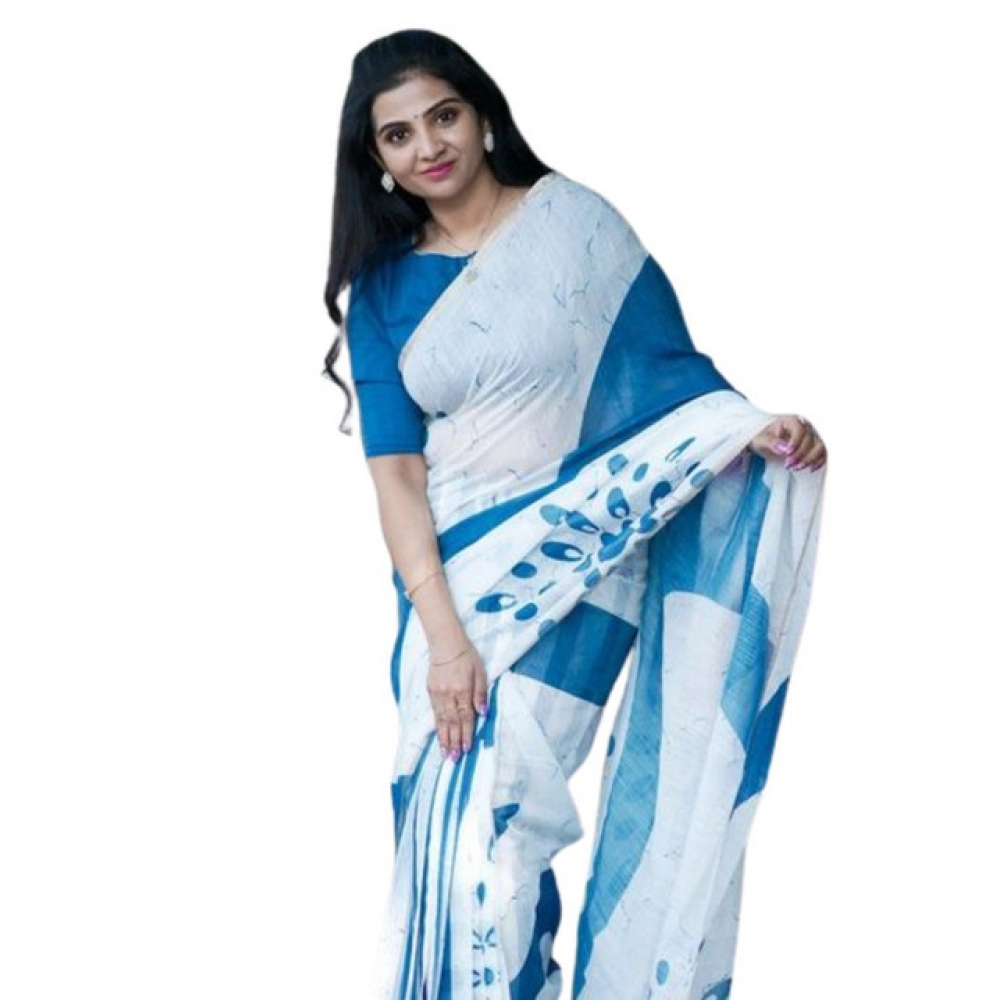 Women's Linen Printed Saree With Unstitched Blouse 5.5Mtr?(White)