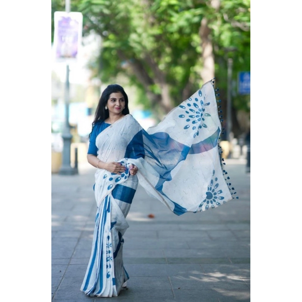 Women's Linen Printed Saree With Unstitched Blouse 5.5Mtr?(White) - Image 2