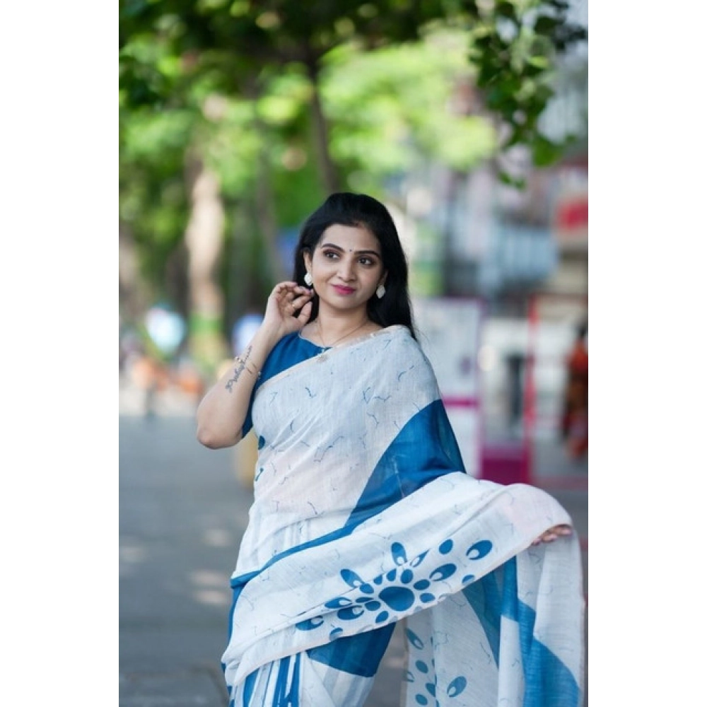 Women's Linen Printed Saree With Unstitched Blouse 5.5Mtr?(White) - Image 3