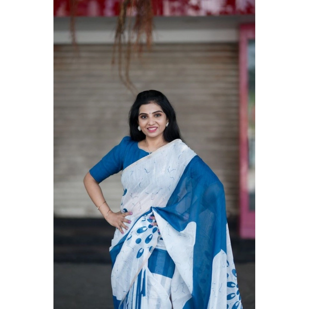 Women's Linen Printed Saree With Unstitched Blouse 5.5Mtr?(White) - Image 4