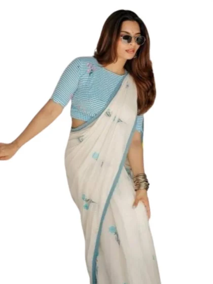 Women's Linen Printed Saree With Unstitched Blouse 5.5Mtr?(White)