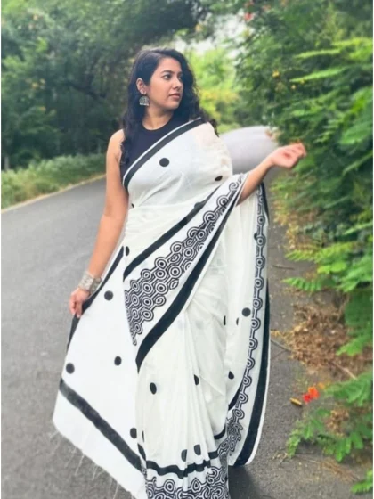 Women's Linen Printed Saree With Unstitched Blouse 5.5Mtr?(White)
