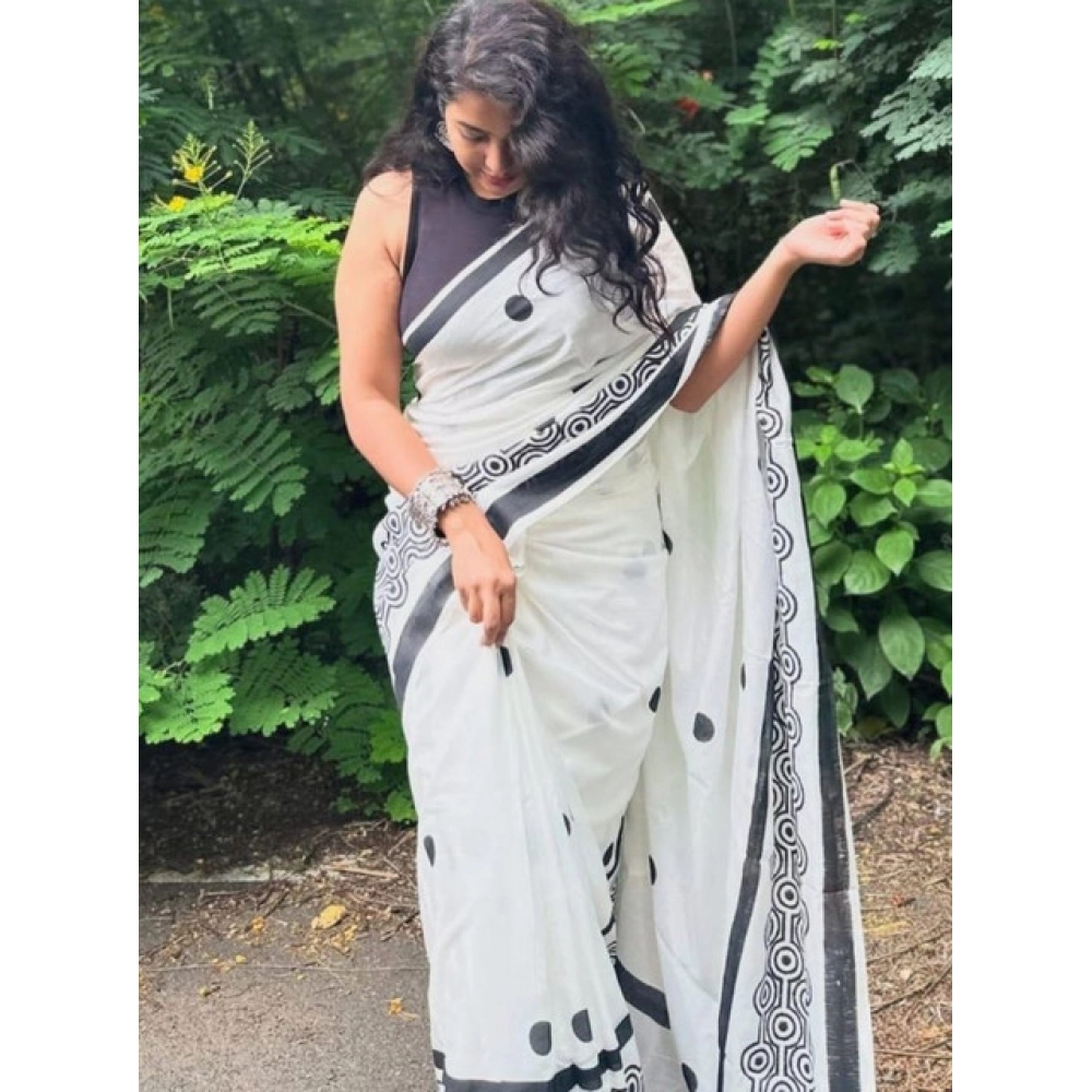 Women's Linen Printed Saree With Unstitched Blouse 5.5Mtr?(White) - Image 2