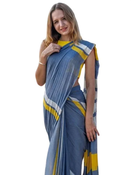 Women's Linen Printed Saree With Unstitched Blouse 5.5Mtr?(Blue)