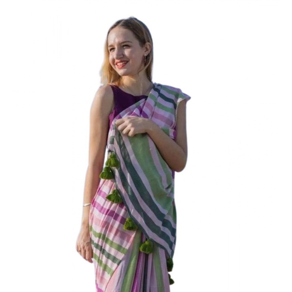 Women's Linen Printed Saree With Unstitched Blouse 5.5Mtr?(Pink)