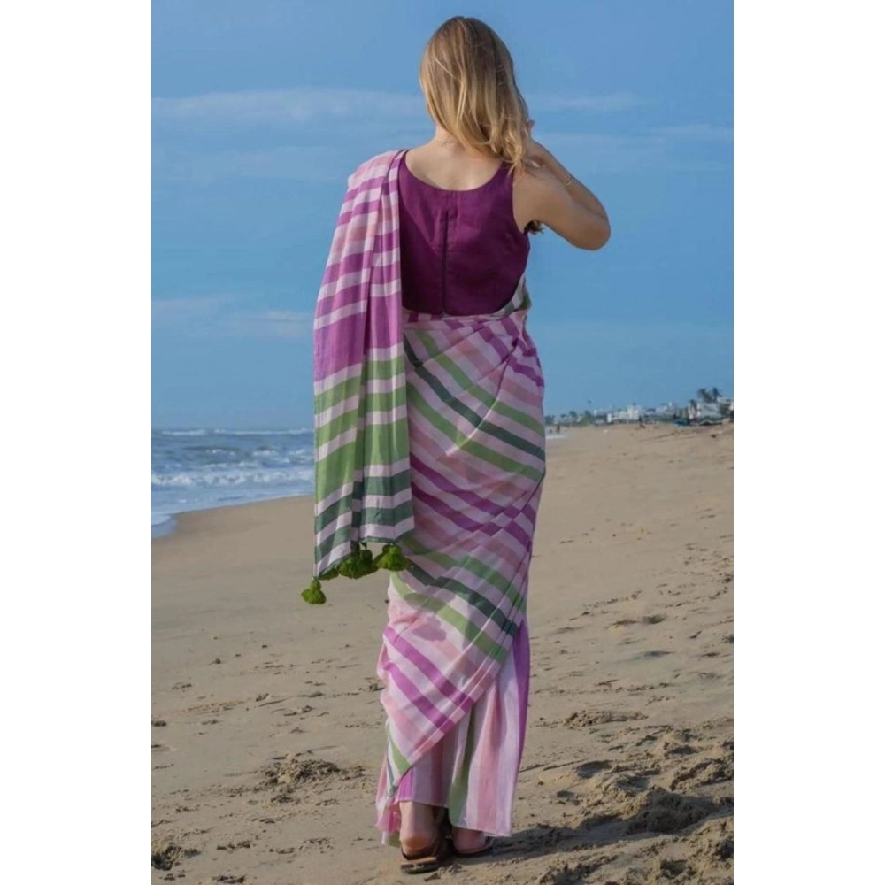 Women's Linen Printed Saree With Unstitched Blouse 5.5Mtr?(Pink) - Image 2