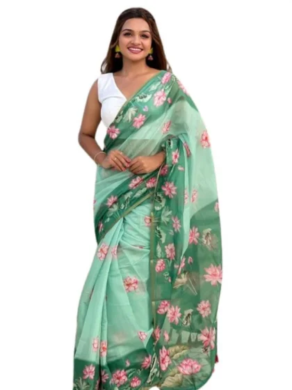 Women's Linen Printed Saree With Unstitched Blouse 5.5Mtr?(Green)