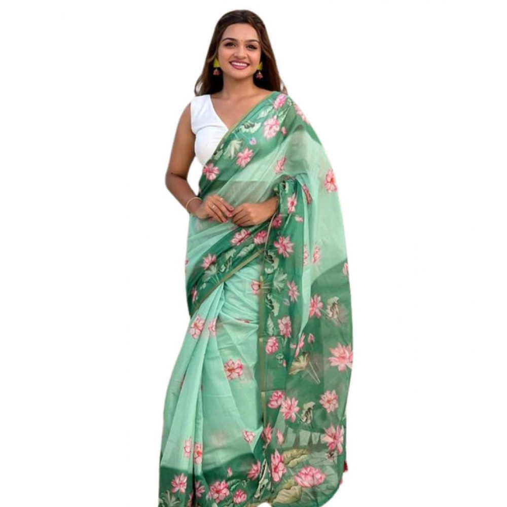 Women's Linen Printed Saree With Unstitched Blouse 5.5Mtr?(Green)