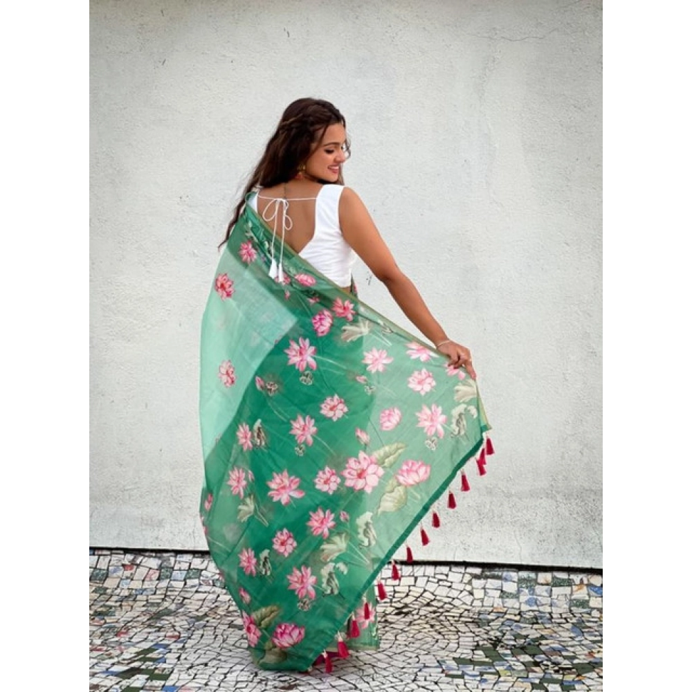Women's Linen Printed Saree With Unstitched Blouse 5.5Mtr?(Green) - Image 2
