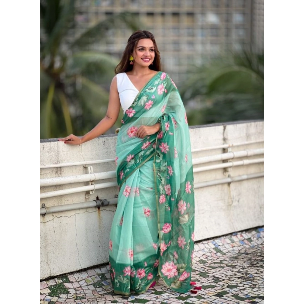 Women's Linen Printed Saree With Unstitched Blouse 5.5Mtr?(Green) - Image 3