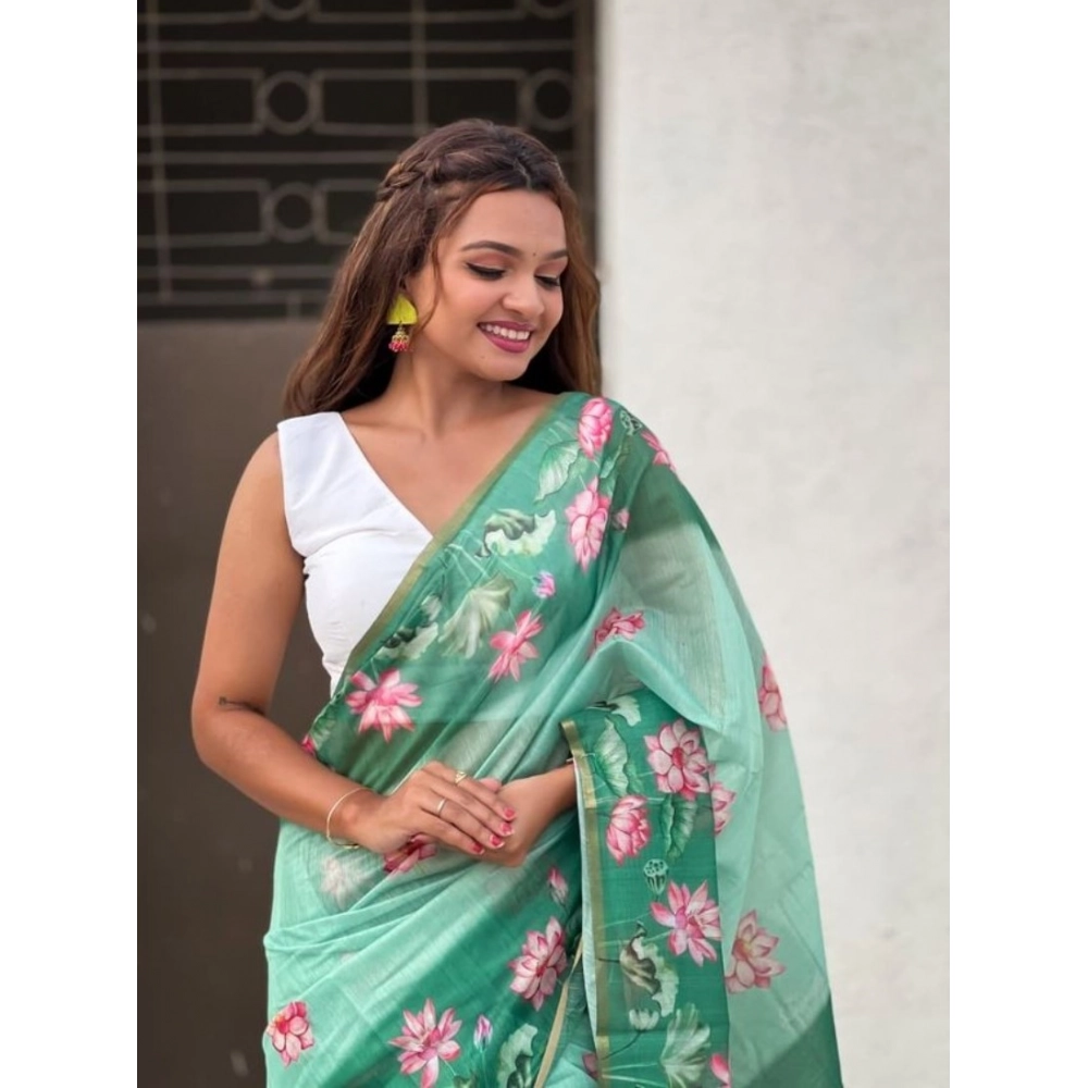 Women's Linen Printed Saree With Unstitched Blouse 5.5Mtr?(Green) - Image 4