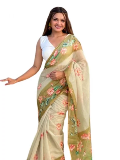 Women's Linen Printed Saree With Unstitched Blouse 5.5Mtr?(Mahendi)