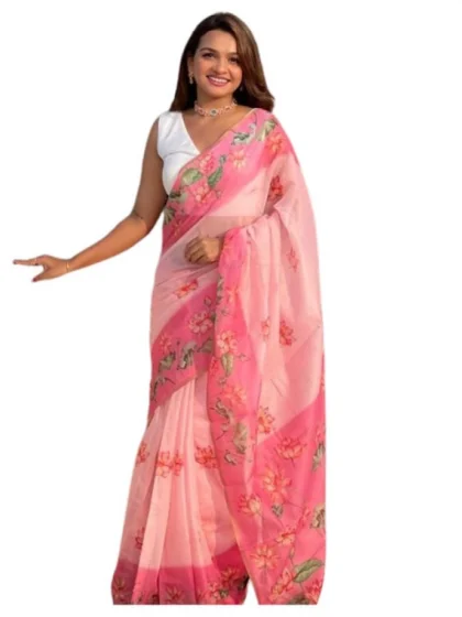 Women's Linen Printed Saree With Unstitched Blouse 5.5Mtr?(Pink)