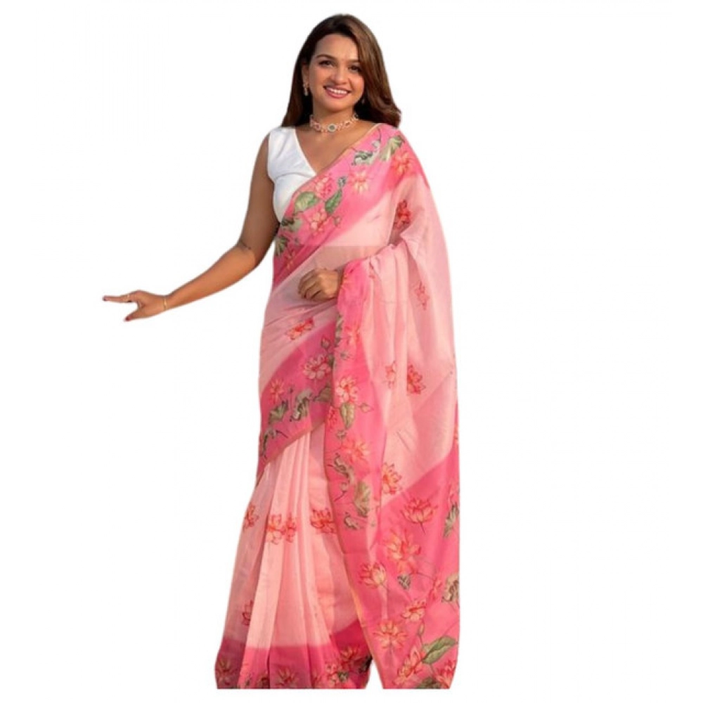 Women's Linen Printed Saree With Unstitched Blouse 5.5Mtr?(Pink)