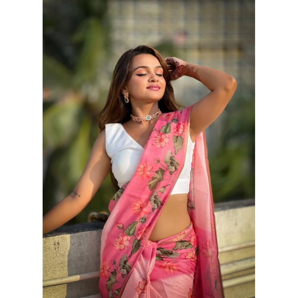 Women's Linen Printed Saree With Unstitched Blouse 5.5Mtr?(Pink) - Image 3