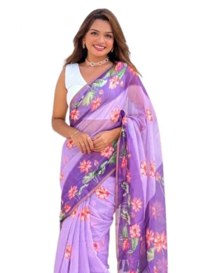 Women's Linen Printed Saree With Unstitched Blouse 5.5Mtr?(Purple)