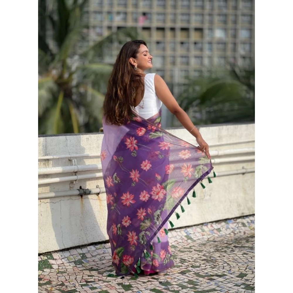 Women's Linen Printed Saree With Unstitched Blouse 5.5Mtr?(Purple) - Image 2