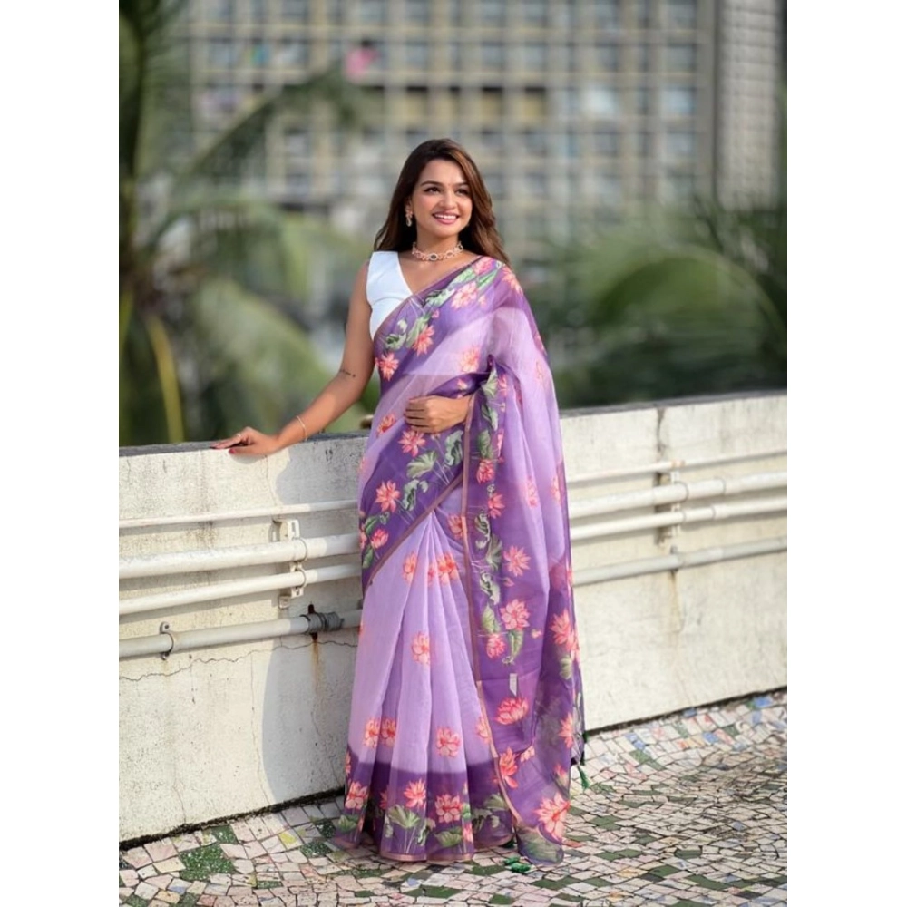 Women's Linen Printed Saree With Unstitched Blouse 5.5Mtr?(Purple) - Image 3