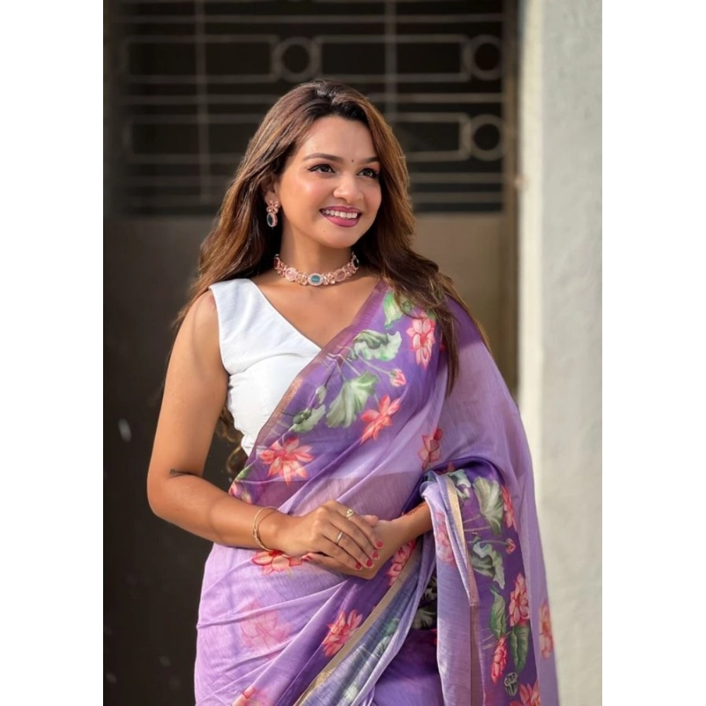 Women's Linen Printed Saree With Unstitched Blouse 5.5Mtr?(Purple) - Image 4