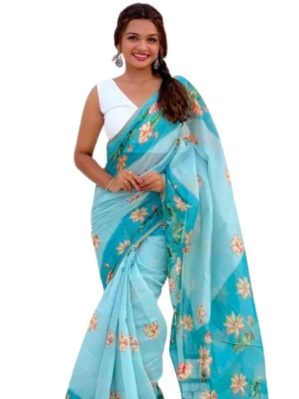Women's Linen Printed Saree With Unstitched Blouse 5.5Mtr?(Aqua)
