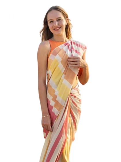 Women's Linen Printed Saree With Unstitched Blouse 5.5Mtr?(Yellow)