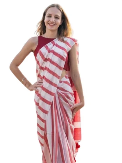 Women's Linen Printed Saree With Unstitched Blouse 5.5Mtr?(Red)