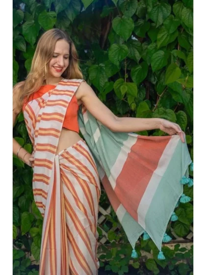 Women's Linen Printed Saree With Unstitched Blouse 5.5Mtr?(Orange)