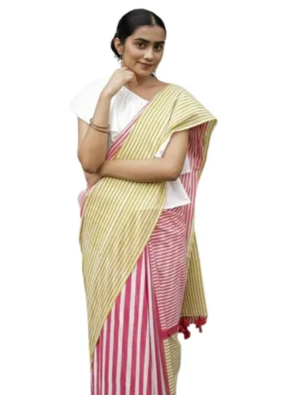 Women's Linen Printed Saree With Unstitched Blouse 5.5Mtr?(Yellow)