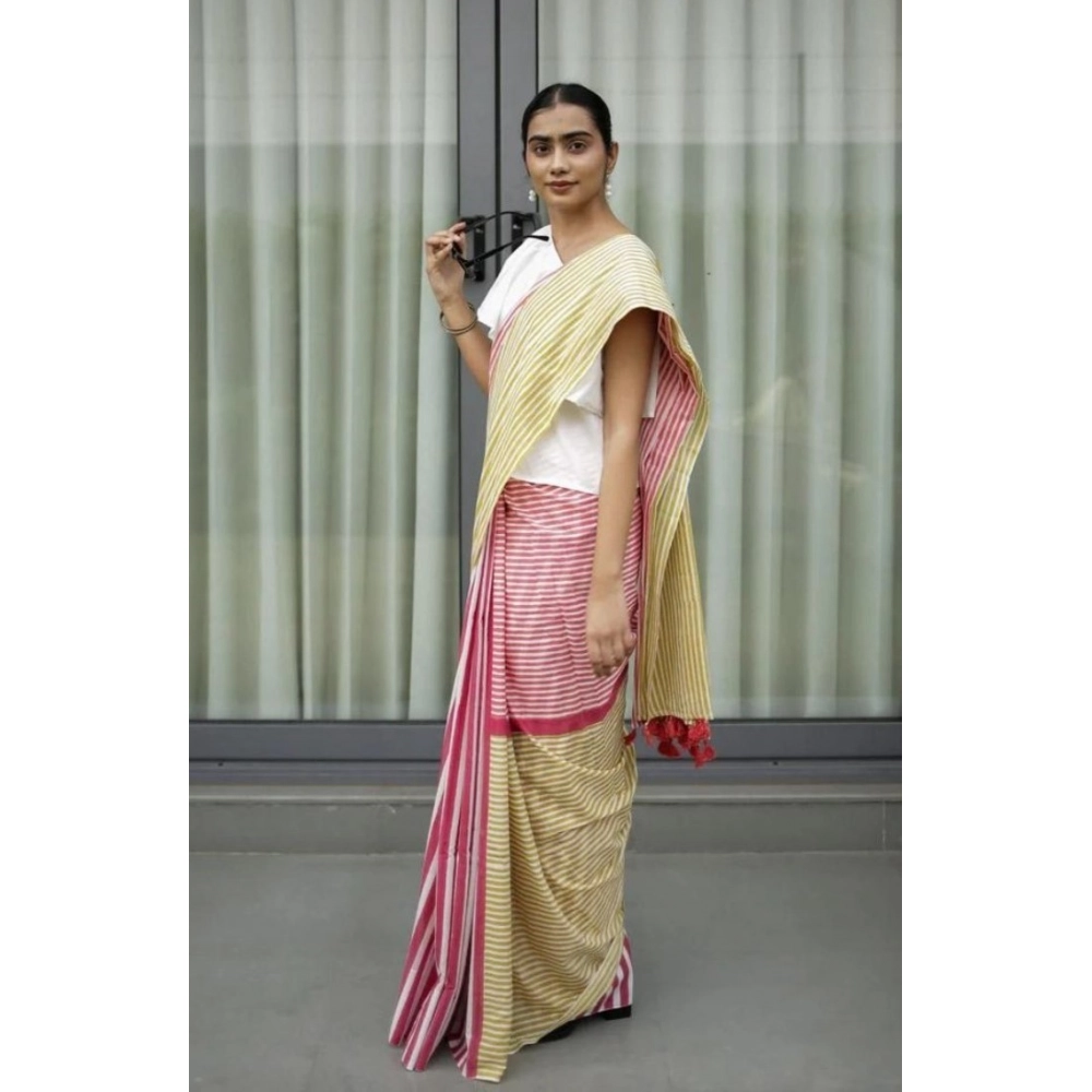 Women's Linen Printed Saree With Unstitched Blouse 5.5Mtr?(Yellow) - Image 2