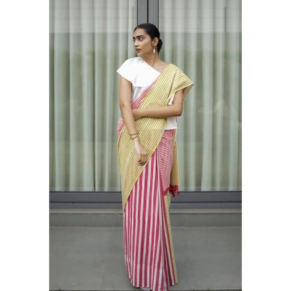 Women's Linen Printed Saree With Unstitched Blouse 5.5Mtr?(Yellow) - Image 3