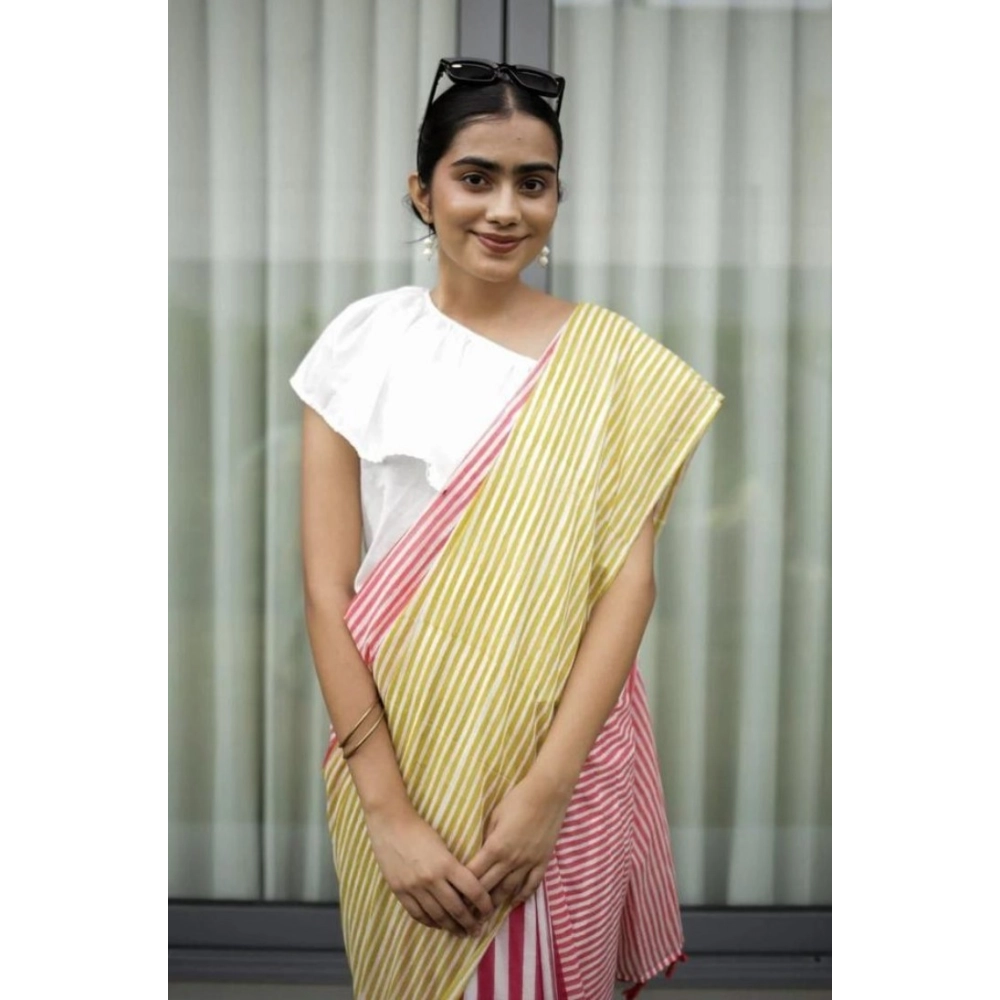 Women's Linen Printed Saree With Unstitched Blouse 5.5Mtr?(Yellow) - Image 4