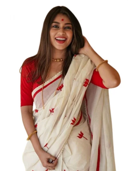 Women's Linen Printed Saree With Unstitched Blouse 5.5Mtr?(White)