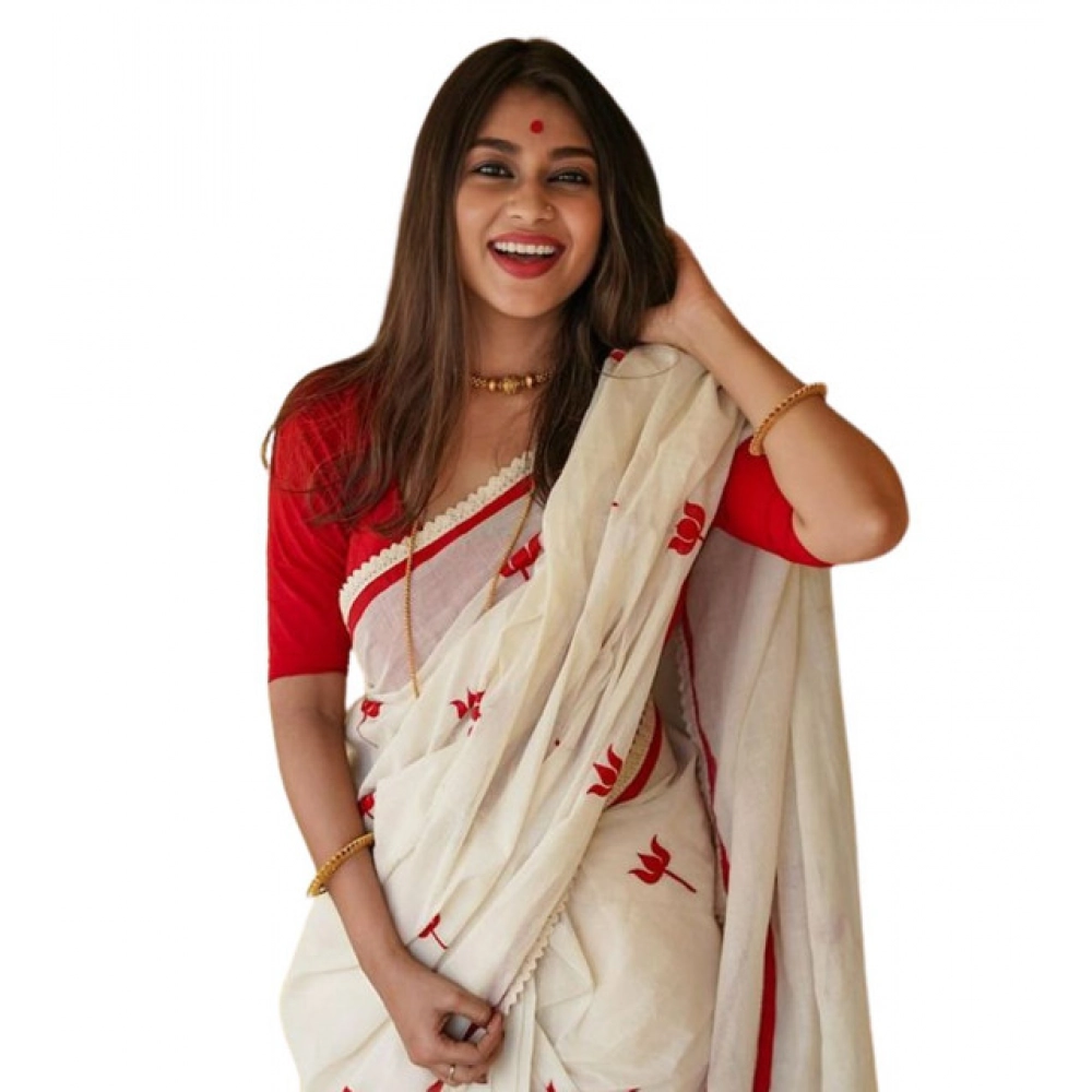 Women's Linen Printed Saree With Unstitched Blouse 5.5Mtr?(White)