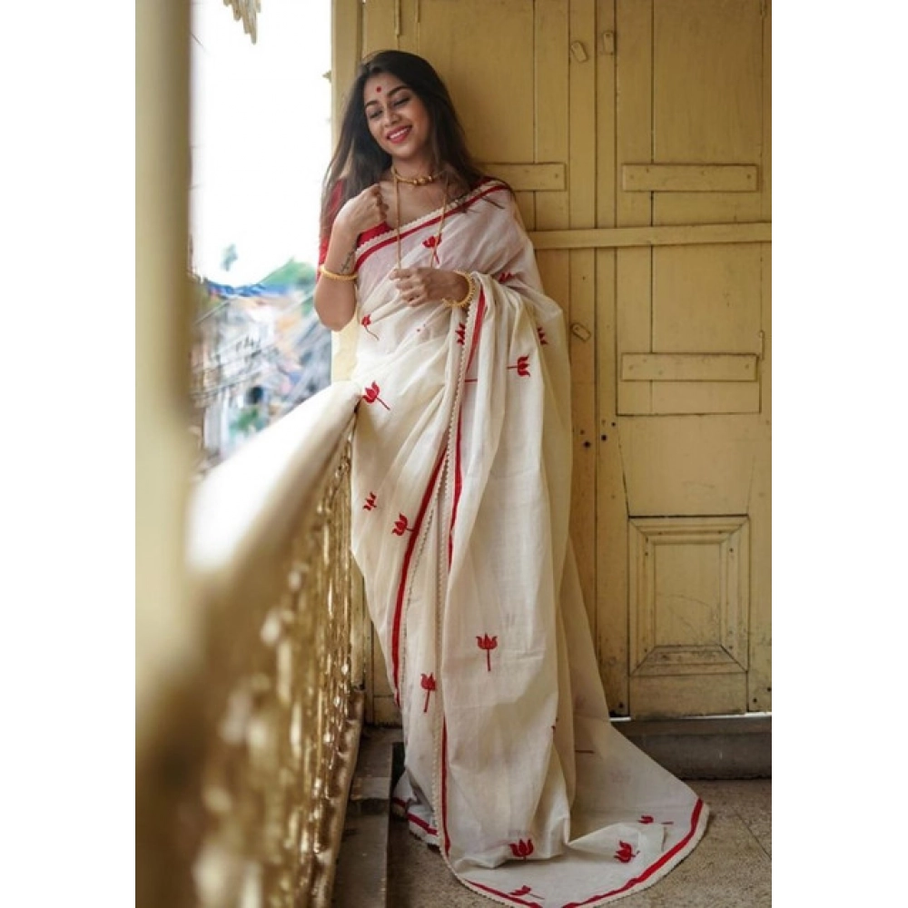 Women's Linen Printed Saree With Unstitched Blouse 5.5Mtr?(White) - Image 2