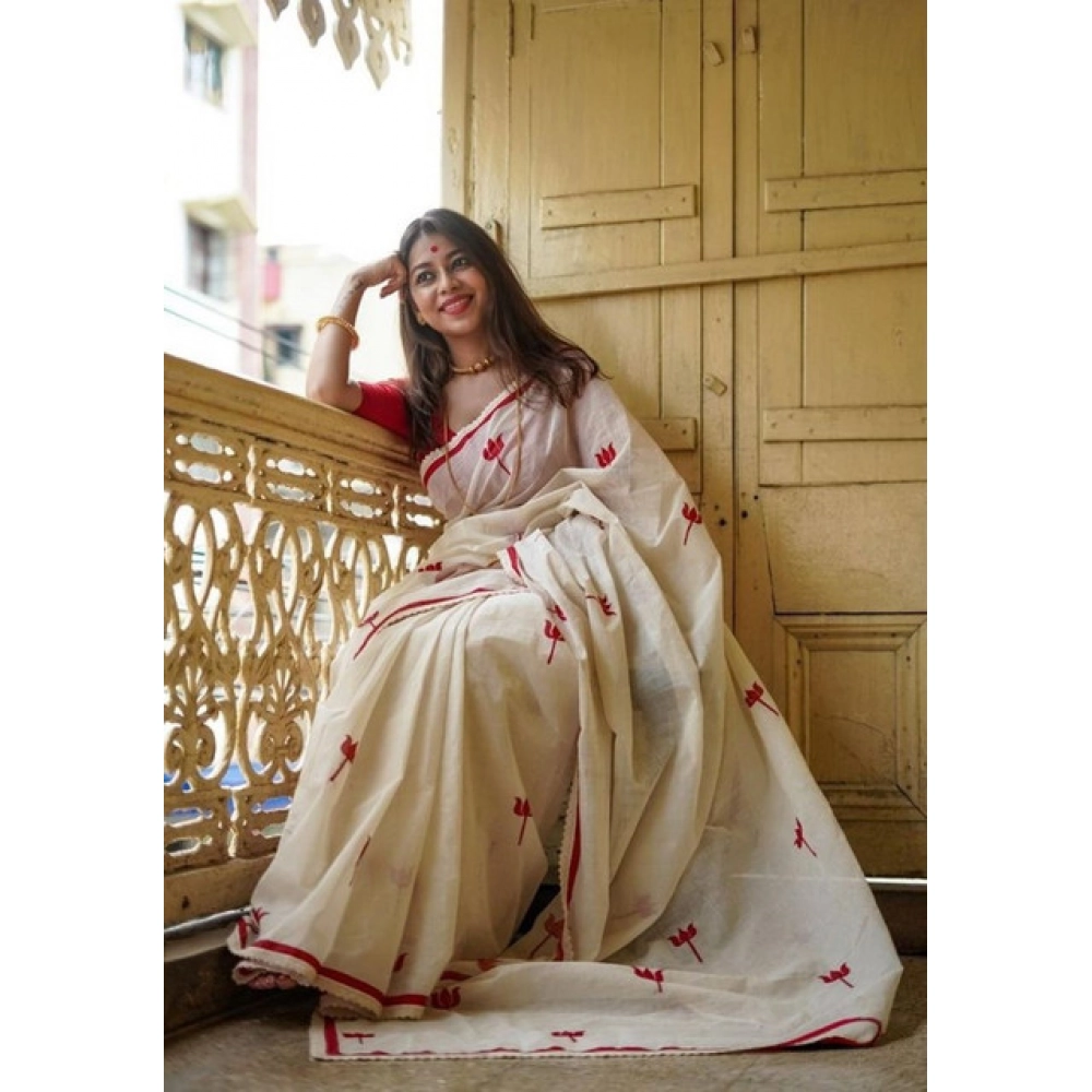 Women's Linen Printed Saree With Unstitched Blouse 5.5Mtr?(White) - Image 3