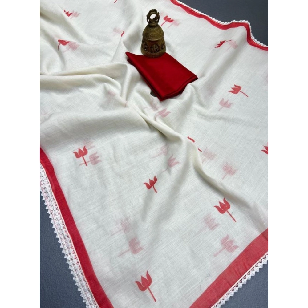 Women's Linen Printed Saree With Unstitched Blouse 5.5Mtr?(White) - Image 4