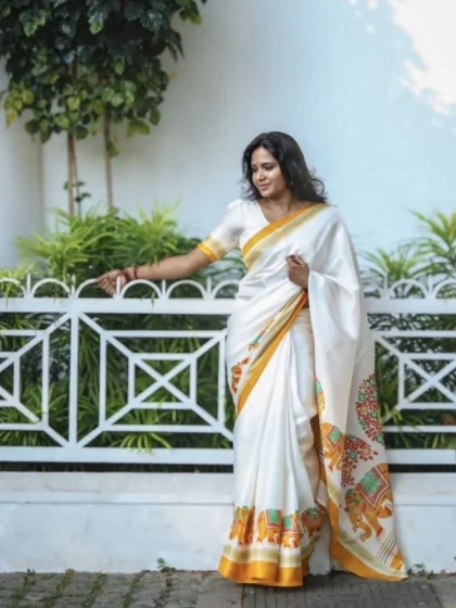 Women's Linen Printed Saree With Unstitched Blouse 5.5Mtr?(White)