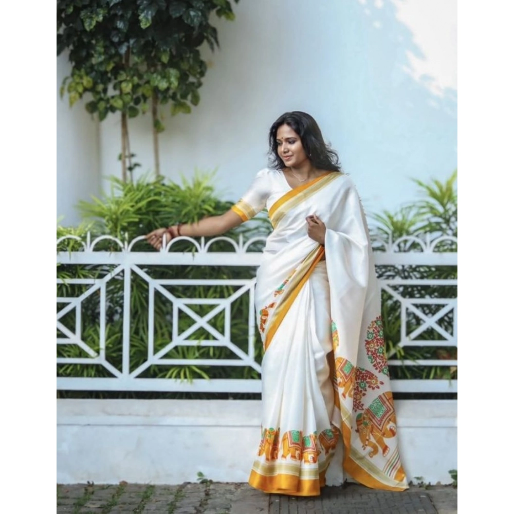 Women's Linen Printed Saree With Unstitched Blouse 5.5Mtr?(White)