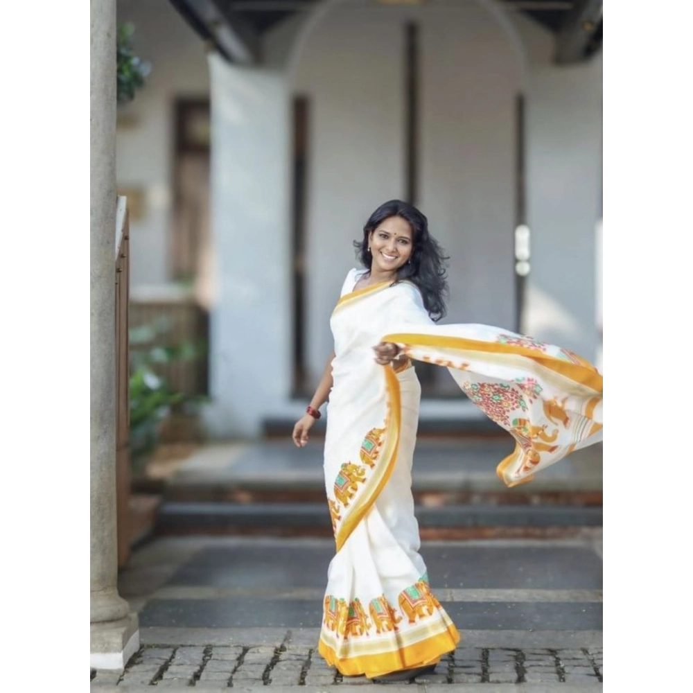 Women's Linen Printed Saree With Unstitched Blouse 5.5Mtr?(White) - Image 2