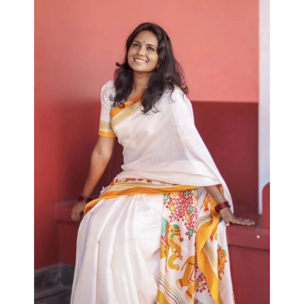 Women's Linen Printed Saree With Unstitched Blouse 5.5Mtr?(White) - Image 3