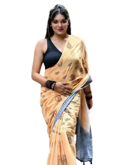 Women's Linen Printed Saree With Unstitched Blouse 5.5Mtr?(Peach)