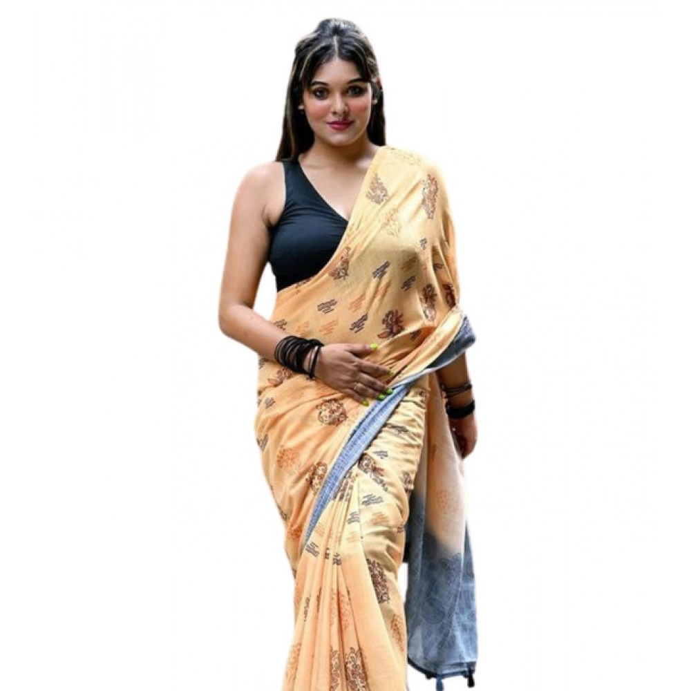 Women's Linen Printed Saree With Unstitched Blouse 5.5Mtr?(Peach)