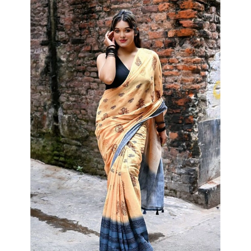 Women's Linen Printed Saree With Unstitched Blouse 5.5Mtr?(Peach) - Image 2