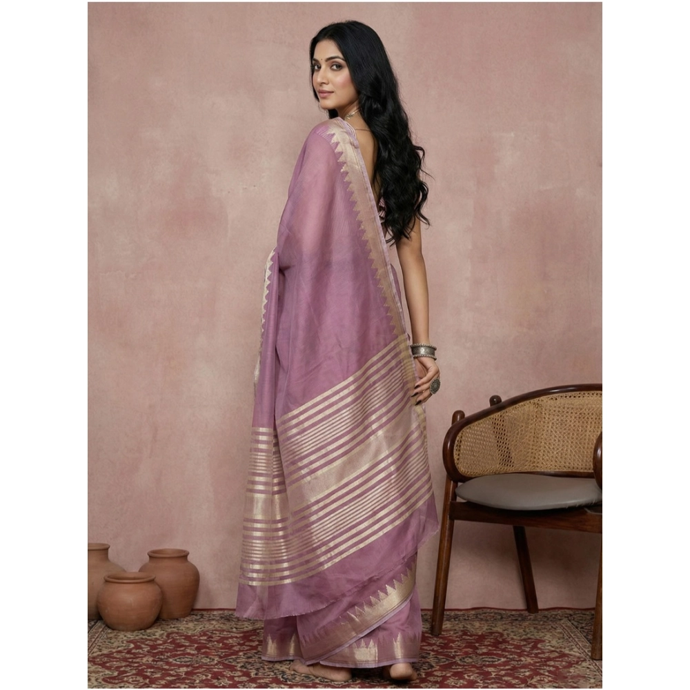Women's Cotton Printed Saree With Unstitched Blouse 5.5Mtr (Purple) - Image 2
