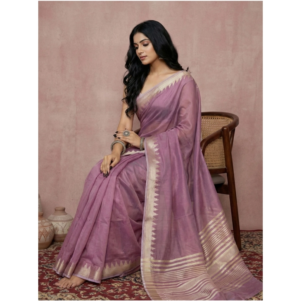 Women's Cotton Printed Saree With Unstitched Blouse 5.5Mtr (Purple) - Image 3