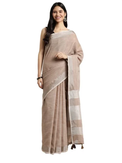 Women's Linen Cotton Printed Saree With Unstitched Blouse 5.5Mtr (Beige)